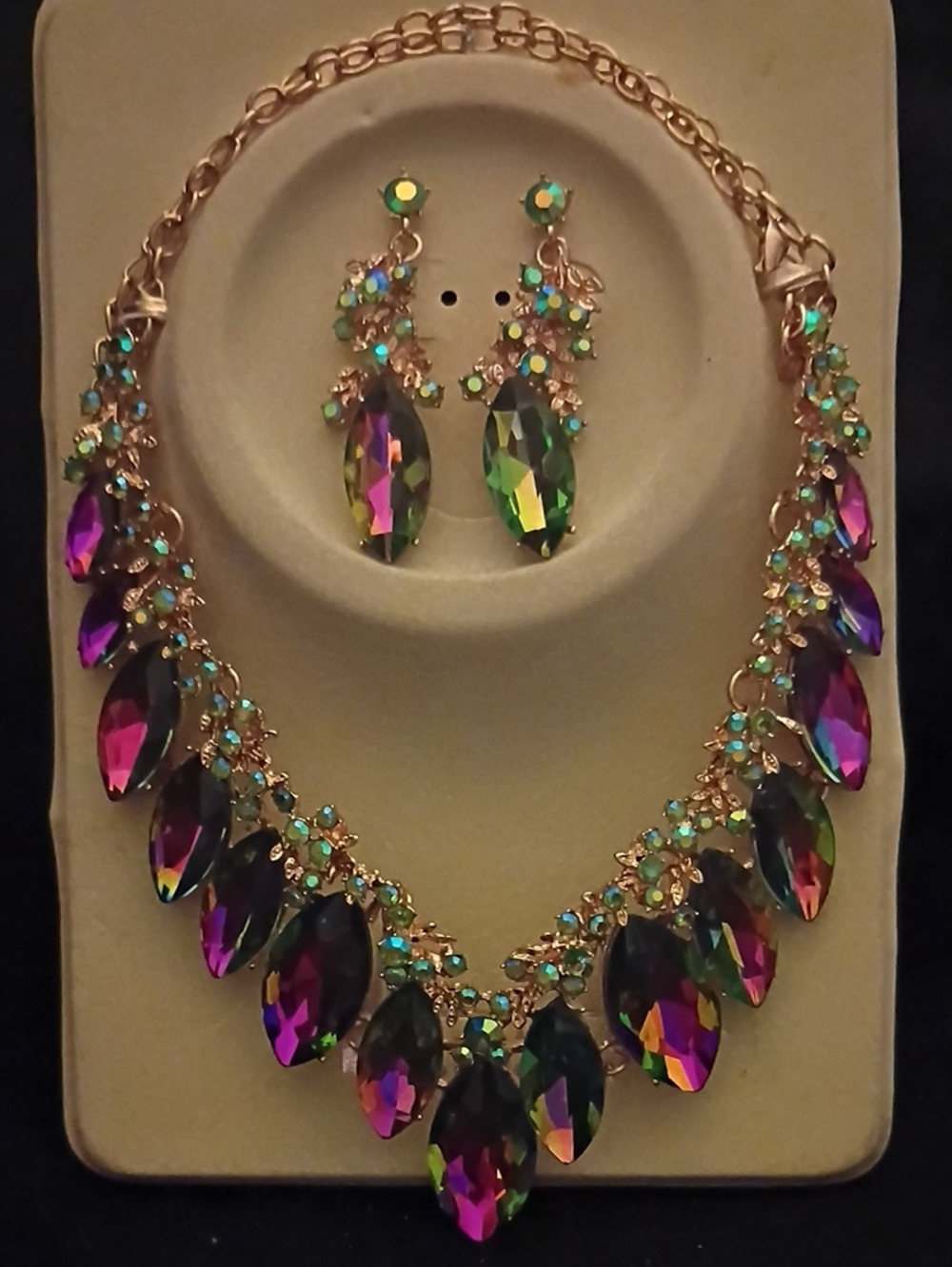 Gold-Tone Multicolor Crystal Marquise Necklace with Matching Earrings
